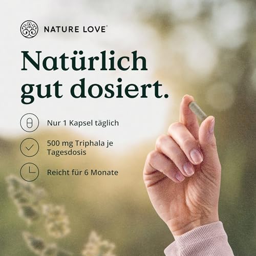 NATURE LOVE® Bio Triphala - Hochdosiert mit 500mg je Kapsel - 180 Kapseln - Hochwertiger Rohstoff aus Indien - Laborgeprüft und zertifiziert Bio, in Deutschland produziert