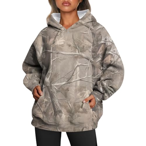 EMUKFD Sudadera con capucha de camuflaje para mujer, estampado de hojas de arce, sudadera de gran tamaño con capucha de forro polar con hombros caídos y bolsillo cangu, beige, XL