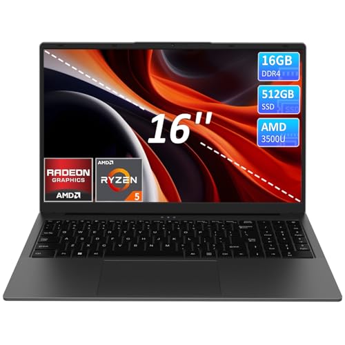 Image of 16 inch IPS FHD Laptop Computer, 16GB RAM 512GB SSD AMD Ryzen 5 3500U(4C /8T,2.0-3.7GHz) Radeon Vega 8 Student-Laptops with 2MP Webcam Fingerprint Backlit Keyboard Numpad for Office Home Study - Grey