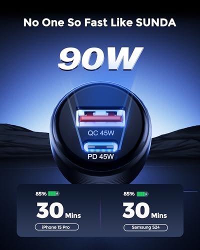 SUNDA 90W USB C Fast Car Charger, 2-Ports Car Charger Adapter, Cigarette Lighter USB Charger PD45W/QC45W QC 3.0 Car Phone Charger for iPhone15/14Pro/Max/iPhone13/Laptop/Galaxy/SamsungS24/S23(Black)