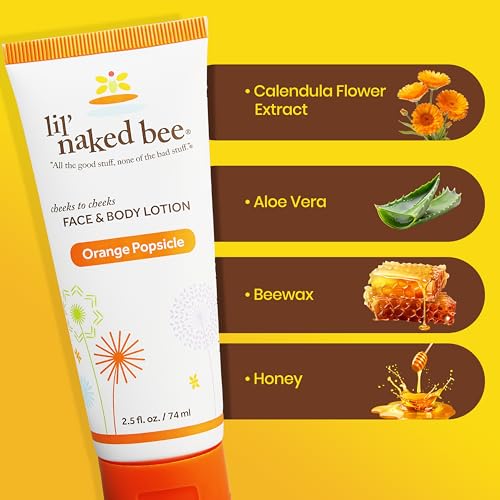 Image of Lil Naked Bee Baby Lotion for Kids (2.5oz) Orange Popsicle Cheeks to Cheeks Face & Body Lotion for Hydrating & Moisturizing Skin