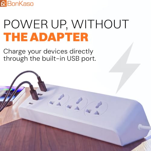 Image of BonKaso Power Strip Extension Board with 3 AC Outlets, 2 USB A & 2 Type C Ports, Digital Display Timer, Touch Night Light, Bedside Charging Station, Overload Protection, Compact Desktop Power Hub White