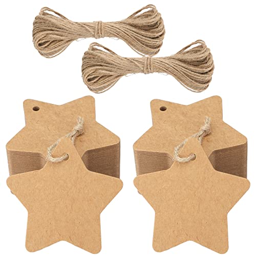 Geschenkanhänger Weihnachten Stern Anhänger Kraftpapier Etiketten, 100 Stück Braun Tags mit Jute-Schnur, für Weihnachtsgeschenke Dekoration Cover