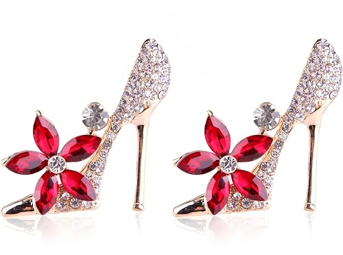 2Pcs Crystal Shoes Brooch Pins Jewelry Gift for Women Lady Gold Plated Cubic Austrian Crystal Flower Fashion High-Heel Shoes Brooch Pins Jewelry Gift (Red)
