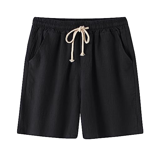 Men's Linen Casual Classic Shorts Elastic Waist Summer Beach Short Pants Drawstring with Pockets Lightweight Short