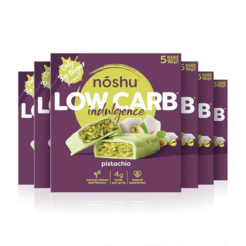 Noshu Low Carb Pistachio Indulgence Bars | Keto Snack, Sugar Free, Gluten Free | Only 4g Carbs & 3g Sugar Per Serve | No Maltitol, Premium Pistachio Nut Bar | Australian Made | 160g Box (Pack of 6)