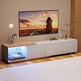 BRILVERDE Modernem TV Schrank mit LED, Fernsehtisch mit 3 Schließfach, Hochglänzendes TV-Lowboard, Wohnzimmer-Beistelltisch mit Glasablage, Aufbewahrungsschrank in Holzoptik (Weiß)