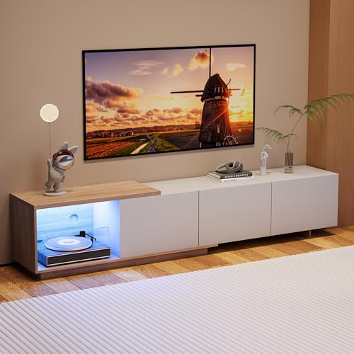BRILVERDE Modernem TV Schrank mit LED, Fernsehtisch mit 3 Schließfach, Hochglänzendes TV-Lowboard, Wohnzimmer-Beistelltisch mit Glasablage, Aufbewahrungsschrank in Holzoptik (Weiß)