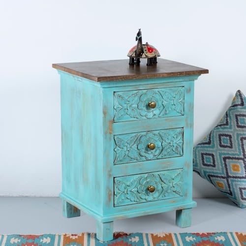Image of Wooden Bedside Table for Bedroom | Solid Wood Phena Bedside Table with Drawers | Corner Side Table for Living Room | Traditional Handcrafted Furniture for Home Decor (Light Blue Distress)