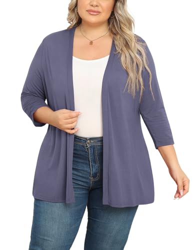 POSESHE Women's Plus Size Casual Lightweight Open Front Cardigans Soft Draped 3/4 Sleeve Cardigan