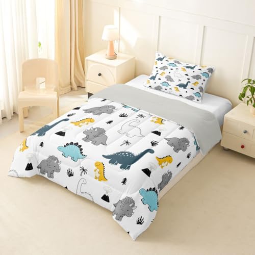 Image of Feelyou Dinosaur Bedding Set Soft for Boys Girls, Cartoon Dino Comforter Set Toddler Size Boho Exotic Style Duvet Quilt Microfiber 3D Wild Animal Pattern Bedroom Decor 2 Pcs with 1 Pillow Cases