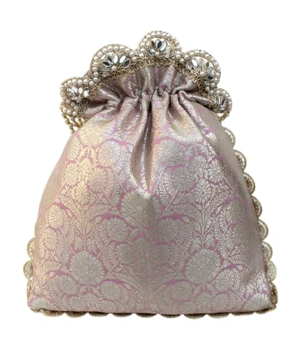 Image of MILAN'S CREATION Pure Banarasi Potli Silk Brocade Bag Purse Drawstring Women's handbag with Pearl Handle & Tassel Weddings