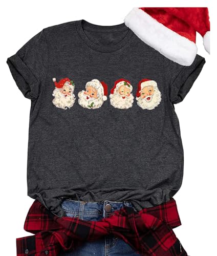 Retro Cheerful Santa Tshirt Women Santa Merry Christmas Shirt Vintage Santa Claus Graphic Tee Short Sleeve Xmas Tops (L, Gray)