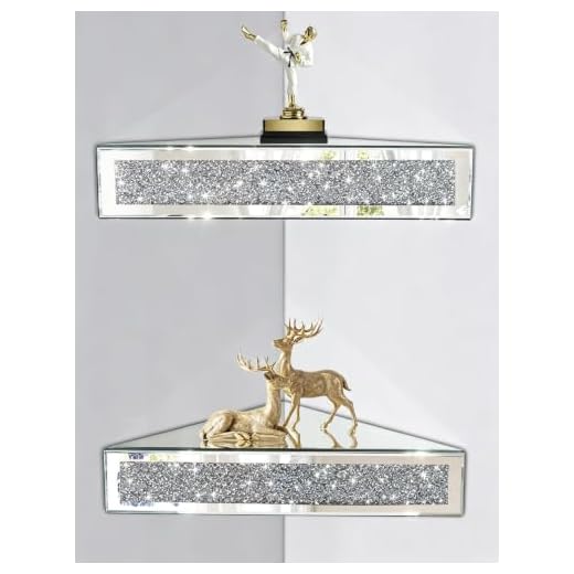Mirrored Floating Corner Shelf, Silver Mirror Crushed Diamond Decorative Wall Shelf for Home Decoration Crystal Diamond Wall Art Decor Accent Piece Showcase 11.8" L×11.8" W×3.1" H, Set of 2
