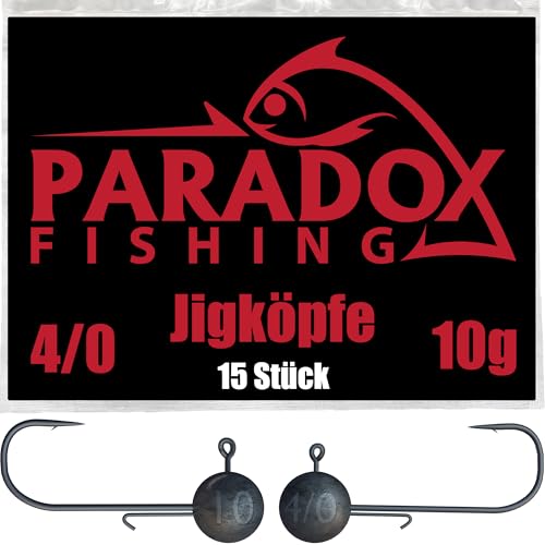 Paradox Fishing Jigköpfe Set 15x 10g 4/0 I Jig Köpfe Gummifisch mit Jighead für Gummifische Barsch Hecht Zander Angelzubehör