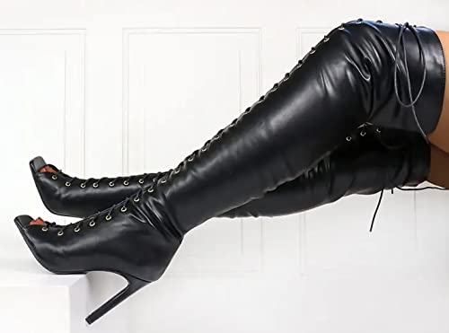 Liliana Women's Peep Toe Lace-Up Chunky Heel Over The Knee Boot3