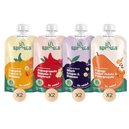 Image of Li'l Sprouts FruGies Veggie Lover Combo Pack | Baby Food Puree | 4 Flavours | 6 Months+| Ready-to-Eat | Infant Travel Food | Pack of 8, 100g each | All Natural, No Salt, No Sugar and No Preservatives | Packed with Nutrients | Ready-to-Eat
