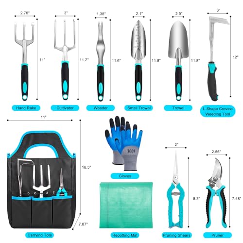 Garden Tool Set with Non Slip Rubber Grip,11 Piece Stainless Steel Gardening Tool Sets,Heavy Duty Outdoor Hand Tools Kit,Durable Tote Bag,Repotting mat,Uprooting Weeding Tool,Ideal Gifts for Women Men - Image 3