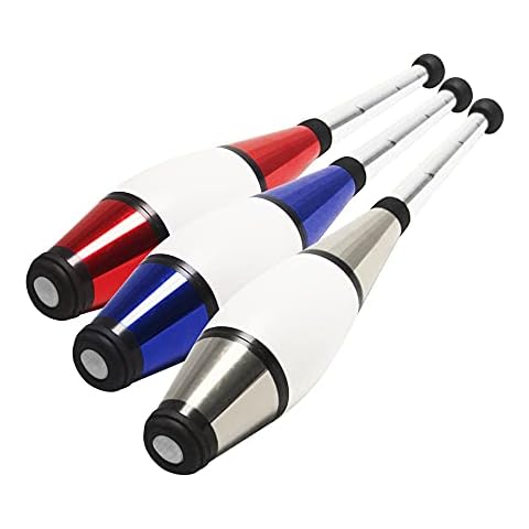 Zeekio - Pegasus Juggling Club Set - Premium Quality - for Beginners, All Levels - Multi-Piece Durable Design - Scuff Resistant - Rubber Knob & Cap - 20.5”L - Set of 3 - Blue, Red & Silver Cover