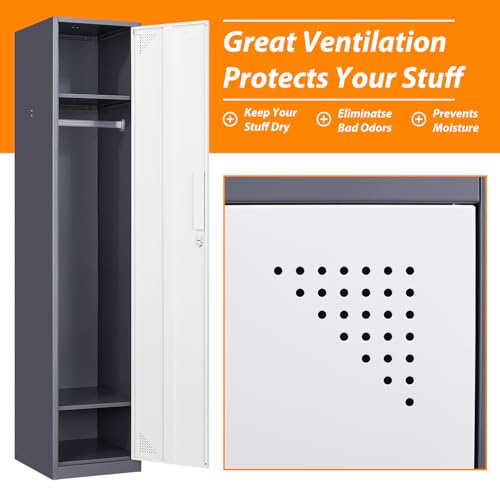 Image of Metal Locker for Home, Dressing Room, 71 inch Steel Storage Lockers for Employees, Lockable Locker Cabinet with 1 Door (Grey White)
