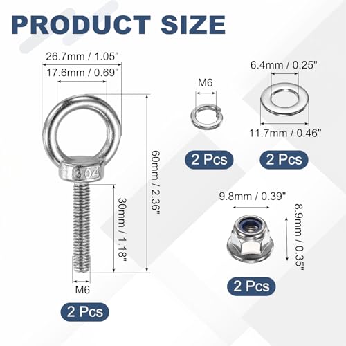 Image of PATIKIL M6 x 30mm Shoulder Eye Bolt, 2 Pcs 304 Stainless Steel Lifting Ring Threaded Eye Bolt with Flange Lock Nuts Spring and Flat Washers for Hanging Tie Down Straps Outdoor Indoor