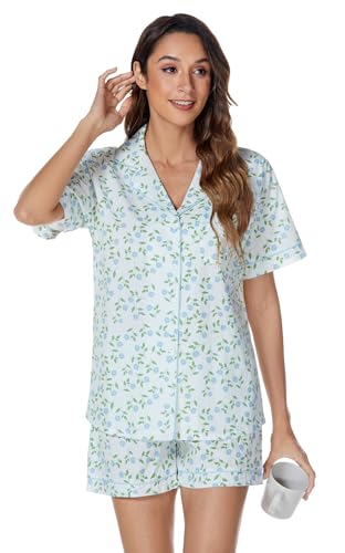 Image of LUBOT 100% Cotton Women's Pajamas Set Button-Down Two-piece PJ Set Short Sleeve Printed Patterned Summer Sleepwear Loungewear (Blue Blooms, XL)