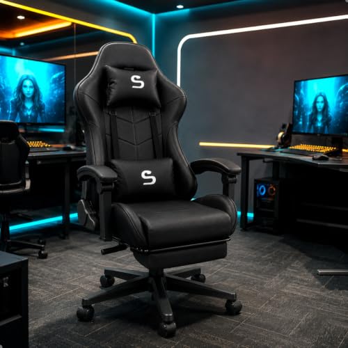 Cadeira Gamer de Escritório Ergonômica, Reclinável com Apoio para Pés, Almofadas Lombar e Pescoço, Base Nylon 50mm, Suporta 120kg (Preta)