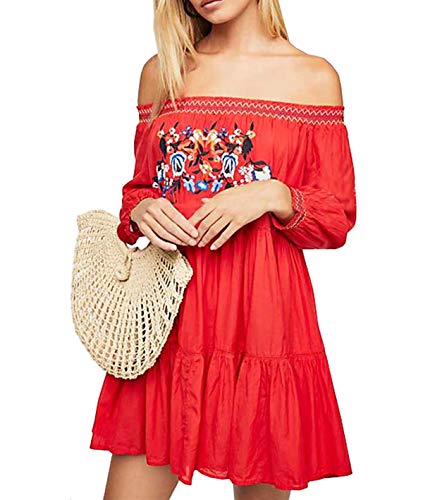 R.Vivimos Women's Long Sleeve Cotton Off Shoulder Floral Embroidery Casual Swing Short Dresses (Medium, Red)