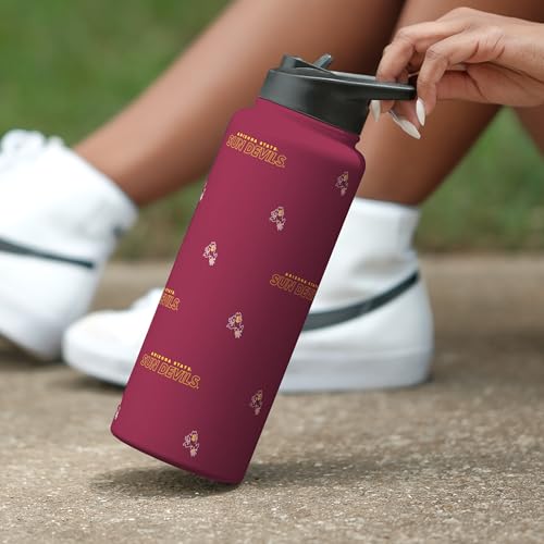 Image of Logo Brands NCAA Arizona State Sun Devils Step & Repeat 34 oz Stainless Steel Quencher Bottle - All Over Logo Design, No-Spill Lid, Easy Carry Handle - Keeps Drinks Cold For Hours