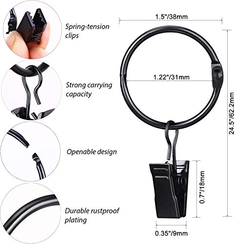 SPLF 36 Pack Metal Openable Curtain Rings with Clips, 1.22 Inch Interior Diameter, Fits up to 1 Inch Rod, Heavy Duty Rustproof Vintage Decorative Drapery Eyelet Curtain Rods Hangers Rings, Black