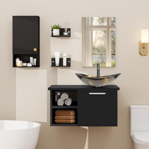 ZealWe Badmöbel Set (Waschbecken mit Unterschrank Spiegel Hängeschrank), Waschbeckenunterschrank 71cm Waschtish, Wandschrank Hängend mit Verstellbaren Ablagen, Wasserhahn Set, Modern Golden