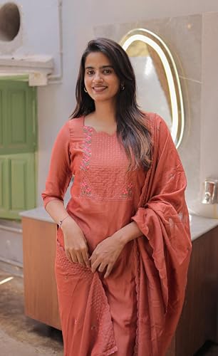 Image of Women Cotton Kurta Pant Set with Chanderi Cotton Dupatta | 3-Piece Straight Fit 3 /4 Sleeves Kurta with V-Neck | Ethnic, Festive & Casual Wear for Women| 3 Piece Set