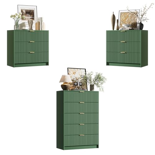 Image of Furniway Green Dresser Bedroom Set 3 Pieces, Nightstands Sets of 2, 5 Drawer Dresser with Gold Handles for Bedroom