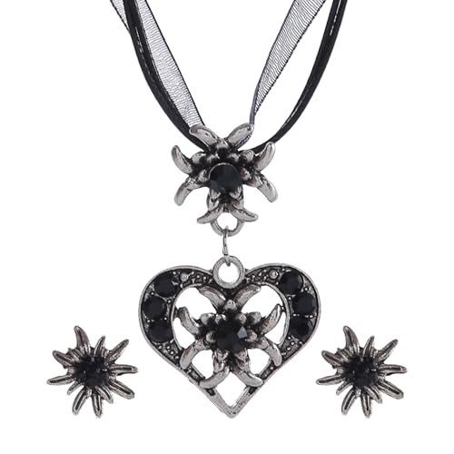 3 Stück Oktoberfest Accessoires Damen,Trachtenschmuck Set,Kette Anhänger Edelweiss Trachten Halskette Bayerisch DirndlSchmuck Trachtenkette und Edelweiß Ohrstecker,für Bayrische Kostüm Zubehör Deko