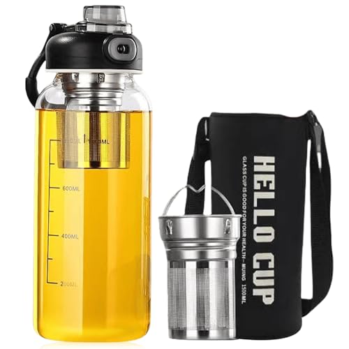 GBKDQQ Gourde en verre de 1,5 l - Grande bouteille à thé en verre avec passoire en acier inoxydable - Unique Lock - Bouteille d'eau design en Gla s à haute teneur en borosilicate - Pour le fitness, la
