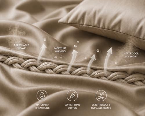 Image of Noare Cooling Bamboo Bedsheet King Size for Double Bed - Breathable & Ultra Soft Summer Bedding Set with 1 Fitted Bedsheet and 2 Pillow Covers - Luxury Cooling for Hot Sleepers | Aesthetic Beige.