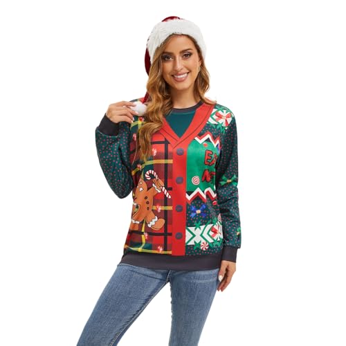 Ugly Christmas Sweater Women Men Novelty 3D Funny Pullover Crewneck Sweatshirt with Santa Hat for Party