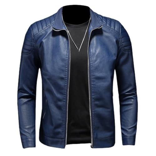 Blouson en Cuir Homme - Automne Veste en Cuir pour Hommes Col Montant Moto Manteau en Cuir PU Mode Slim Fit Vêtements De Rue Veste en Cuir pour Hommes,Bleu,L