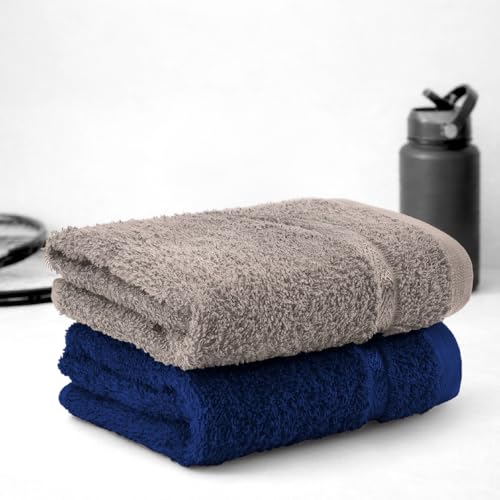 Image of Welspun Arlo Sports Hand Towel Set of 2 | 100% Cotton Gym & Fitness Essential | Soft, Absorbent & Quick Dry Sport Towel | Sweat Control for Workout, Yoga & Travel | 40 x 90 cm | Dark Blue & Grey