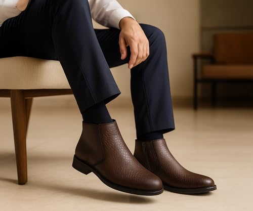 Image of Kraasa Orion-X Men's Vegan Leather Chelsea Boots - Classic Almond Toe Ankle Boots with Textured Finish | Formal & Smart Casual Boots