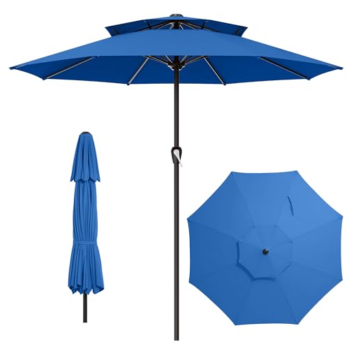 Image of AreShark 12ft 2 Tiers Patio Umbrella - Outdoor Umbrella Waterproof UV Protection, Market Table Umbrella w / 8 Sturdy Ribs&Crank for Pool, Porch, Garden(Royal Blue)