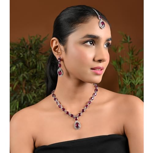 Image of I Jewels Silver Plated Stylish Design Crystal Diamond Necklace With Earrings & Maang Tikka Jewellery Set for Women