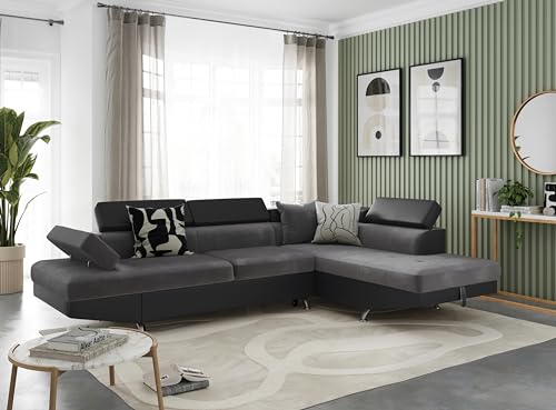 LOUNGITUDE - RIO - Canapé d'angle Gauche- Convertible - 5 Places - Coffre - Têtières - Simili/Microfibre - Gris/Noir - L271cm