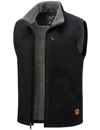 Cotrasen Mens Vest Cotton Work Vest Sherpa Lined Casual Outerwear Fleece Warm Sleeveless Jackets Black M