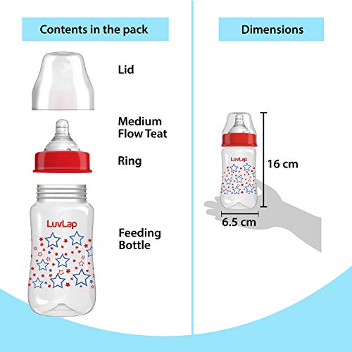 Image of LuvLap Anti-Colic Wide Neck Natura Flo Baby Plastic Feeding Bottle, 250Ml (Pack of 10), New Born /Infants /Toddler Upto 3 Years, Stars, BPA Free