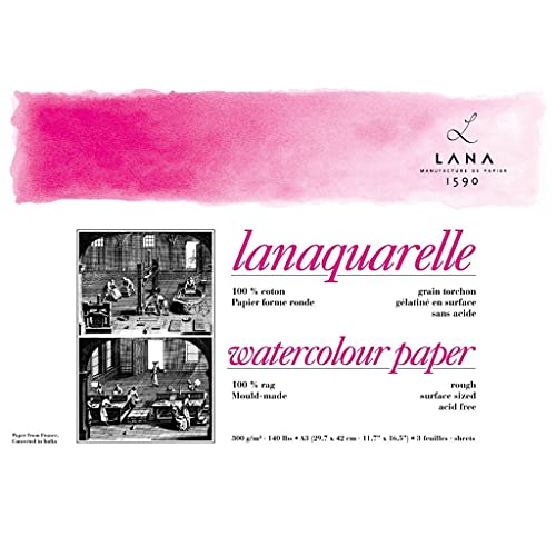 Lana Artists' Watercolour - Lanaquarelle - A3 (29.7 cm x 42 cm) Natural White Rough Grain 300 GSM Paper, PolyPack of 3 Sheets