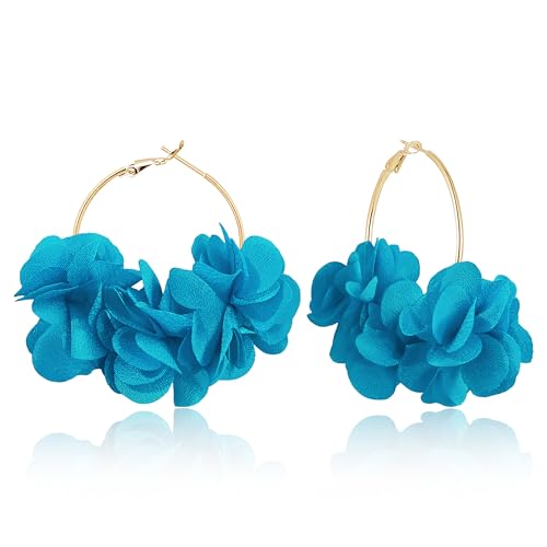 SLSF Handmade Boho Fabric Flower Large Hoop Earrings Unique Lightweight Camellia Flower Floral Dangle Drop Earrings For Women (Blue) by SLSF - Used condition - US$7.56