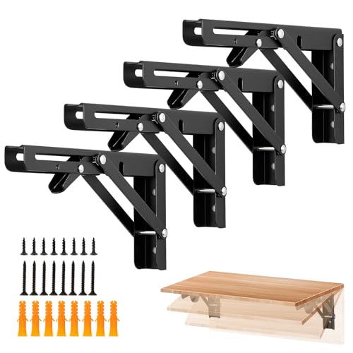 Image of Ravinte 4 Pack 8 Inch Folding Shelf Brackets - Matte Black, Heavy Duty Collapsible Brackets for Tables and Benches - Space-Saving Design