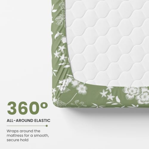 Image of LORETO - A QUALITY LINEN BRAND 144 TC 100% Pure Cotton Single Fitted Bedsheet with 1 Pillow Cover for 72 x 36 Inch Mattress, All-Around Elastic, 8 Inch Deep Pocket, Olive Green Floral Elegance