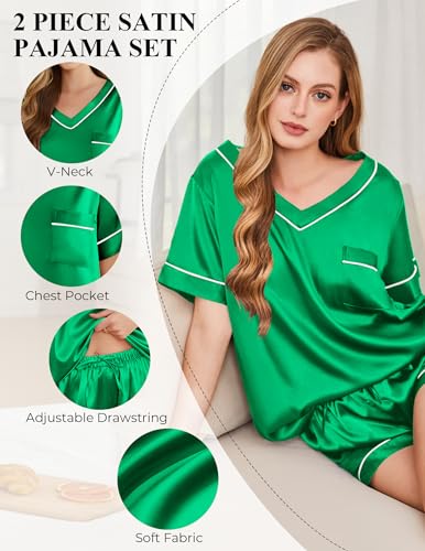 Image of Silk Pajamas for Women Short Sleeve Satin 2 Piece Pj Set Soft V Neck Sleepwear Loungewear, S-XXL